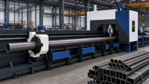 Heavy-duty CNC tube laser with automated material handling performing CNC tube laser cutting in a metal fabrication shop