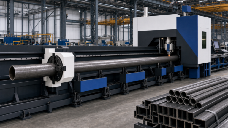 Heavy-duty CNC tube laser with automated material handling performing CNC tube laser cutting in a metal fabrication shop