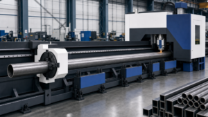 Tube laser cutting performing CNC tube laser cutting in a metal fabrication shop