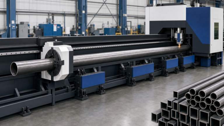 Tube laser cutting machine performing CNC tube laser cutting in a metal fabrication shop