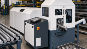 Automatic carbide circular saw performing Automatic carbide circular sawing of long bar stock in a metal fabrication shop