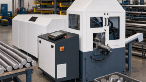 Carbide circular saw performing HYDMECH CSNC-65 automatic carbide circular sawing in a metal fabrication shop