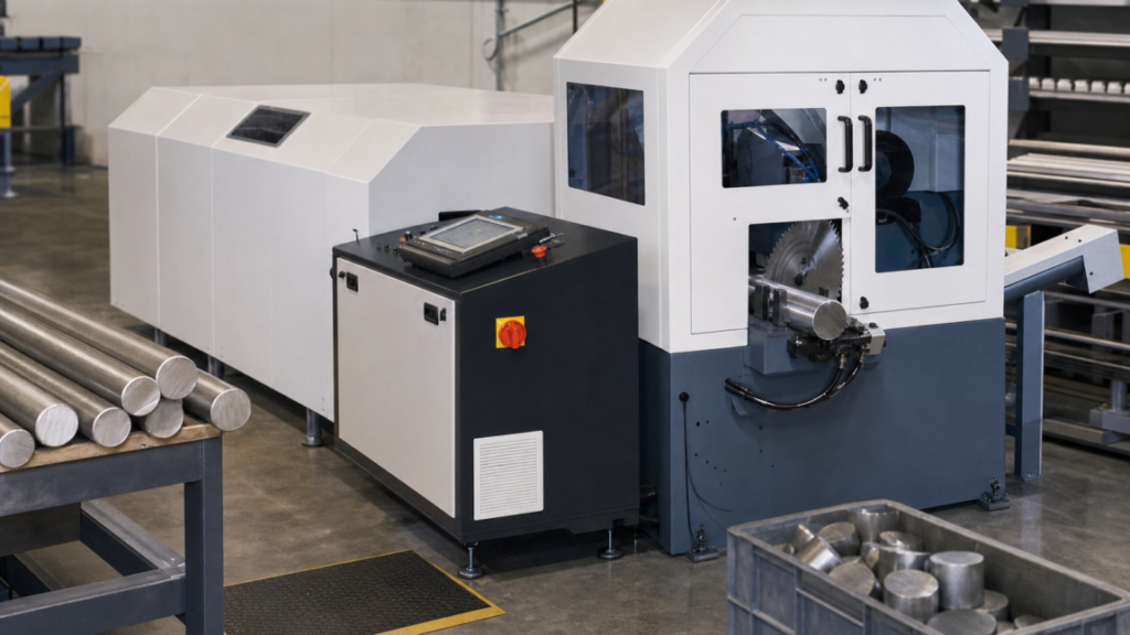 Carbide circular saws and automated metal sawing equipment performing Automated carbide circular sawing in a metal fabrication shop