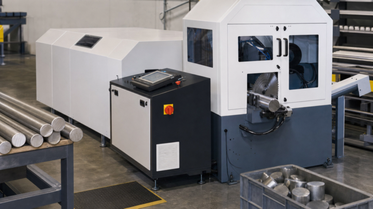 Carbide circular saws and automated metal sawing equipment performing Automated carbide circular sawing in a metal fabrication shop