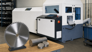 CNC carbide circular bar saw performing Replacement tipped circular blade for a HYDMECH CSNC-65-type CNC bar saw in a metal fabrication shop