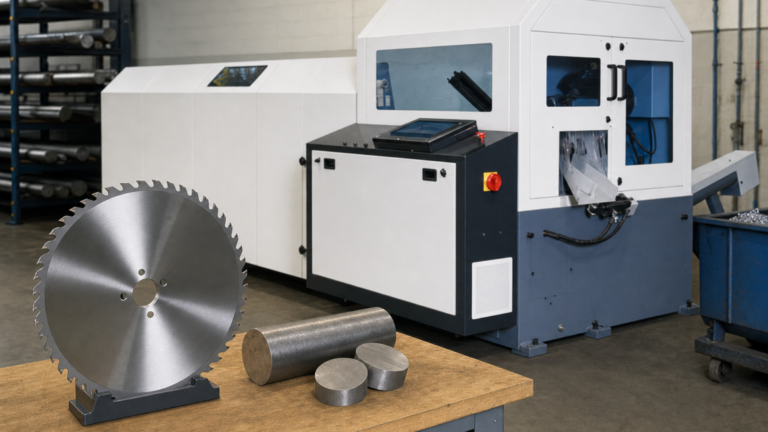 CNC carbide circular bar saw performing Replacement tipped circular blade for a HYDMECH CSNC-65-type CNC bar saw in a metal fabrication shop