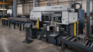 Automatic horizontal band sawing with long-bar feeding and structural-material handling in a metal fabrication shop