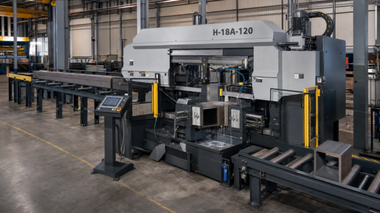 Automatic horizontal band sawing with long-bar feeding and structural-material handling in a metal fabrication shop
