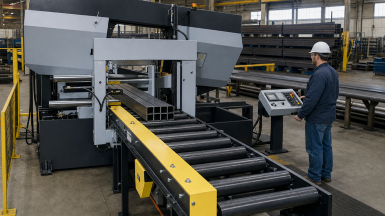 Legacy modernization / automatic horizontal band sawing performing HYDMECH H-22A-120 automatic long-bar-feed band sawing for structural steel modernization in a metal fabrication shop
