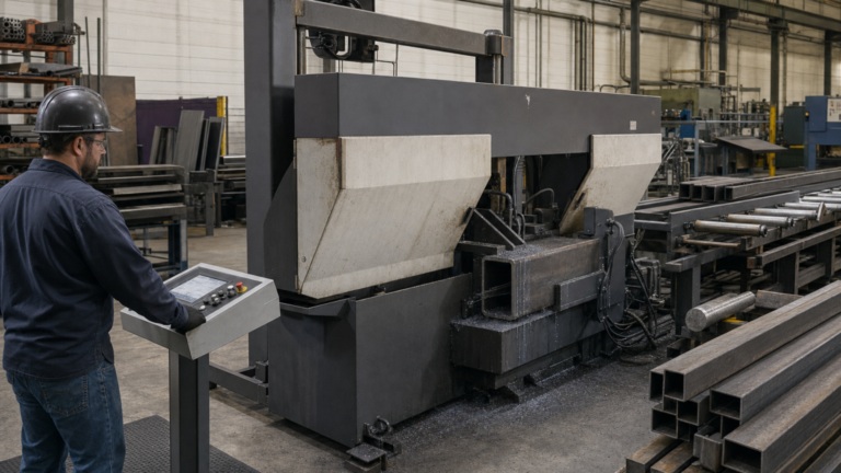 Automatic horizontal dual-post band saw performing Automatic horizontal dual-post band sawing for structural steel in a metal fabrication shop