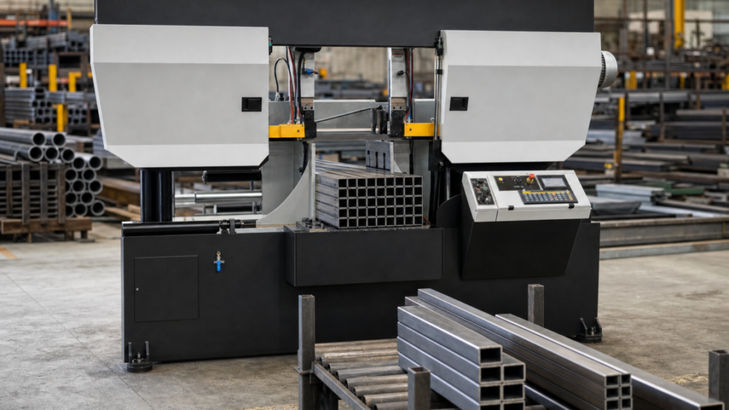 Automatic horizontal band saws performing machine maintenance or service in a metal fabrication shop