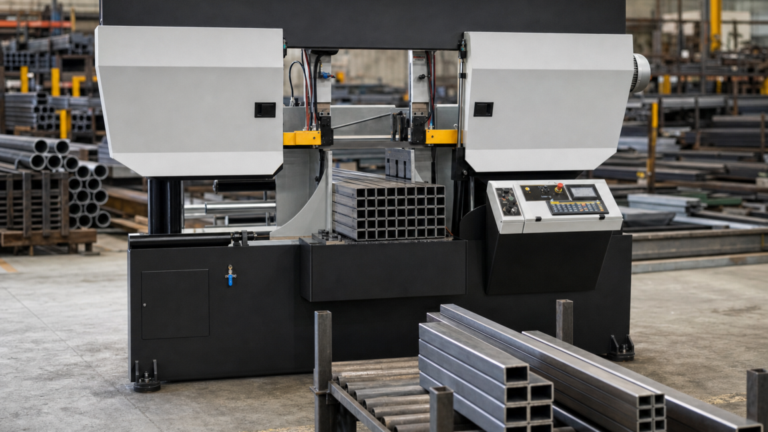 Automatic horizontal band saws performing machine maintenance or service in a metal fabrication shop