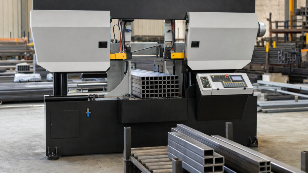Automatic dual-post horizontal band saw performing HYDMECH H-22A-style horizontal band sawing of bundled metal tubing in a metal fabrication shop