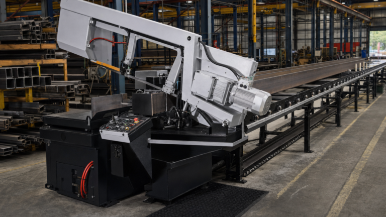 Structural flow performing Automatic horizontal-pivot mitering band saw cutting long structural stock in a metal fabrication shop