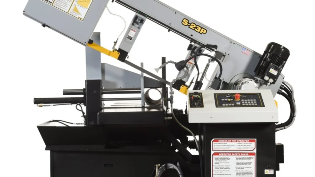 Semi-automatic horizontal-pivot mitering band saw performing HYDMECH S-23P horizontal-pivot band sawing in a metal fabrication shop