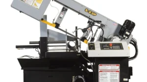 Semi-automatic horizontal-pivot mitering band saw performing HYDMECH S-23P horizontal-pivot band sawing in a metal fabrication shop