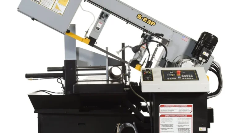 Semi-automatic horizontal-pivot mitering band saw performing HYDMECH S-23P horizontal-pivot band sawing in a metal fabrication shop