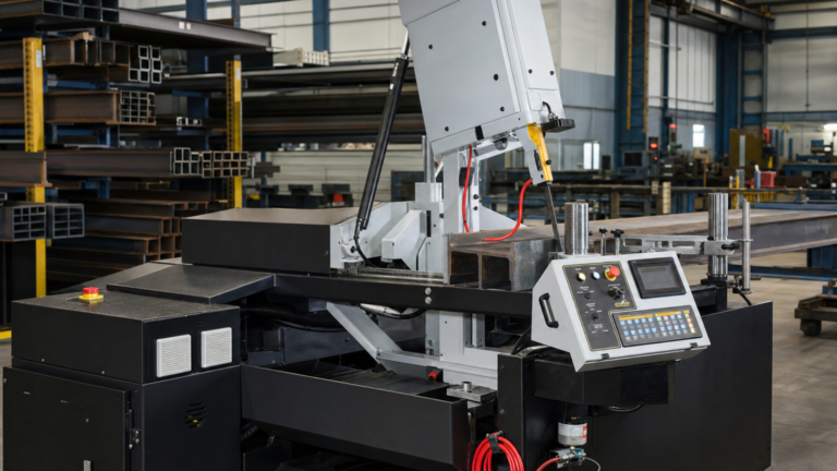 Vertical tilt-frame band saw performing Semi-automatic vertical tilt-frame band sawing of a structural profile at a miter angle in a metal fabrication shop