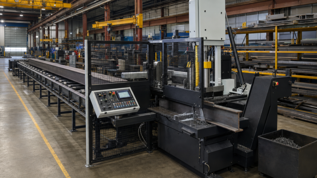 Vertical tilt-frame band saws performing Automatic vertical tilt-frame band sawing of structural steel in a metal fabrication shop