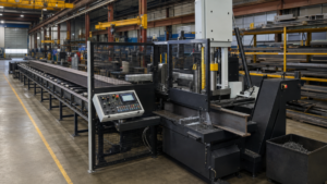 Vertical tilt-frame band saws performing Automatic vertical tilt-frame band sawing of structural steel in a metal fabrication shop