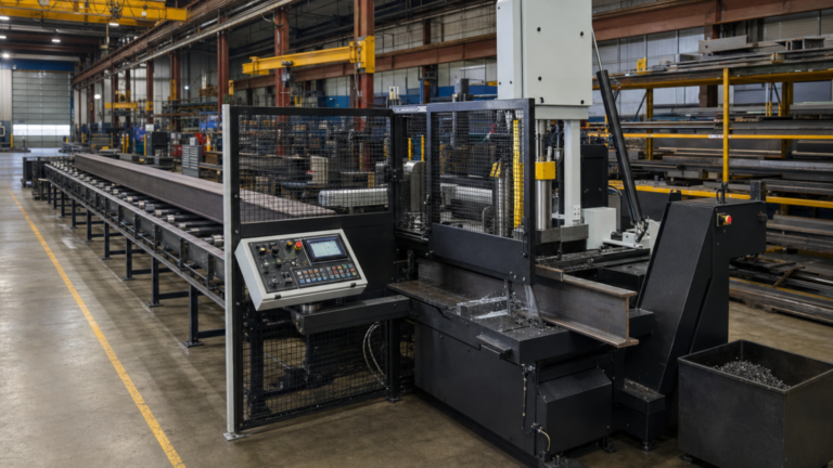 Vertical tilt-frame band saws performing Automatic vertical tilt-frame band sawing of structural steel in a metal fabrication shop