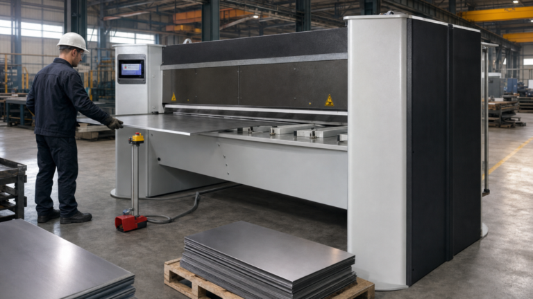 Shearing and plate work performing Hydraulic guillotine shearing of flat sheet or plate in a metal fabrication shop