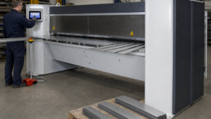 Hydraulic plate shear performing HOCHSTRATE hydraulic plate shear cutting straight sheet-stock strips in a metal fabrication shop