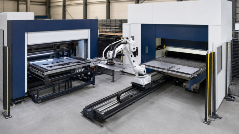 Industrial automation system showing The robot is actively holding and transferring a flat metal sheet by an end-of-arm vacuum/gripping fixture from the left-hand processing statio