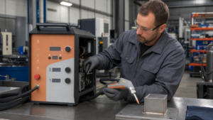 Handheld laser welding and cleaning systems performing machine maintenance or service in a metal fabrication shop