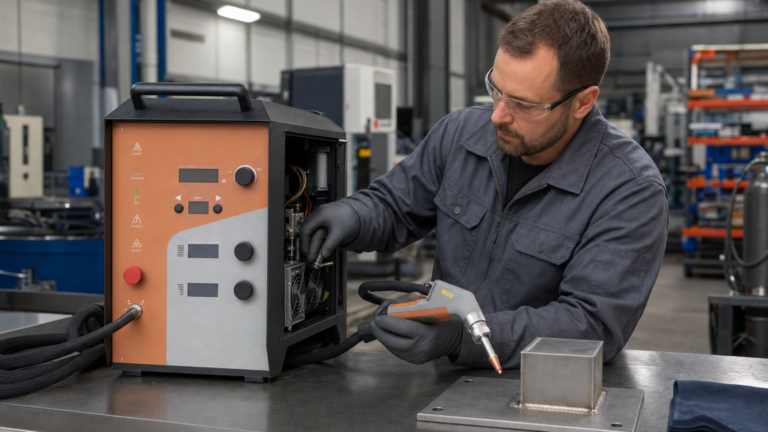 Handheld laser welding and cleaning systems performing machine maintenance or service in a metal fabrication shop