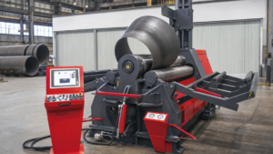 Akyapak four-roll plate rolls; Akyapak’s official AHS page is used as the closest direct manufacturer product-family reference, not as proof of an exact AHS configuration in the Mac-Tech listing. performing plate rolling in a metal fabrication shop
