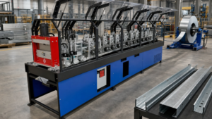 Multi-profile cold-formed-steel roll forming systems performing Cold-formed-steel stud and track roll forming in a metal fabrication shop