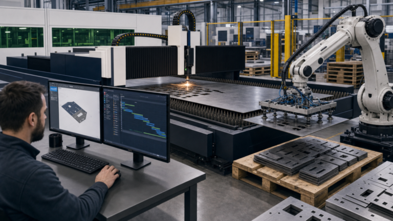 Controls and software performing CAD/CAM-directed robotic unloading and palletizing after sheet-metal cutting in a metal fabrication shop