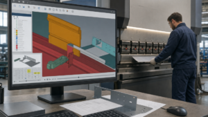 Controls and software: press-brake CAD/CAM and manufacturing-execution integration performing Offline bending simulation for alternative CNC press-brake routes in a metal fabrication shop