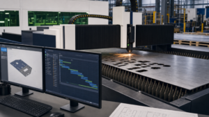 Controls and software performing fiber laser cutting in a metal fabrication shop