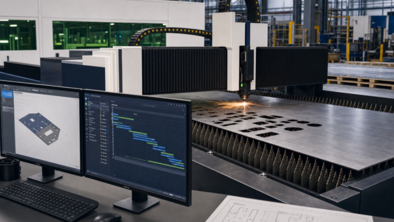 Controls and software performing fiber laser cutting in a metal fabrication shop