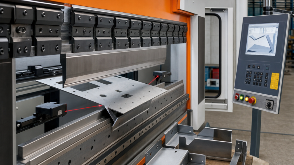 Press Brakes performing Press-brake air bending with contactless laser angle measurement in a metal fabrication shop