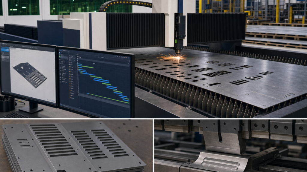 Cut-to-bend workflow performing fiber laser cutting in a metal fabrication shop