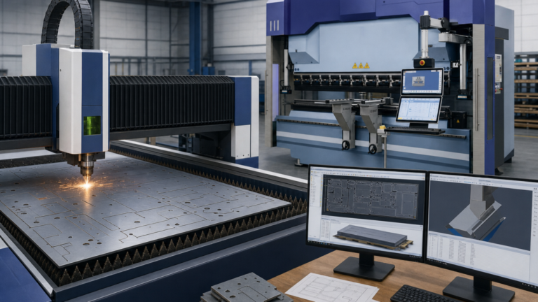 CNC hydraulic press brake performing fiber laser cutting in a metal fabrication shop