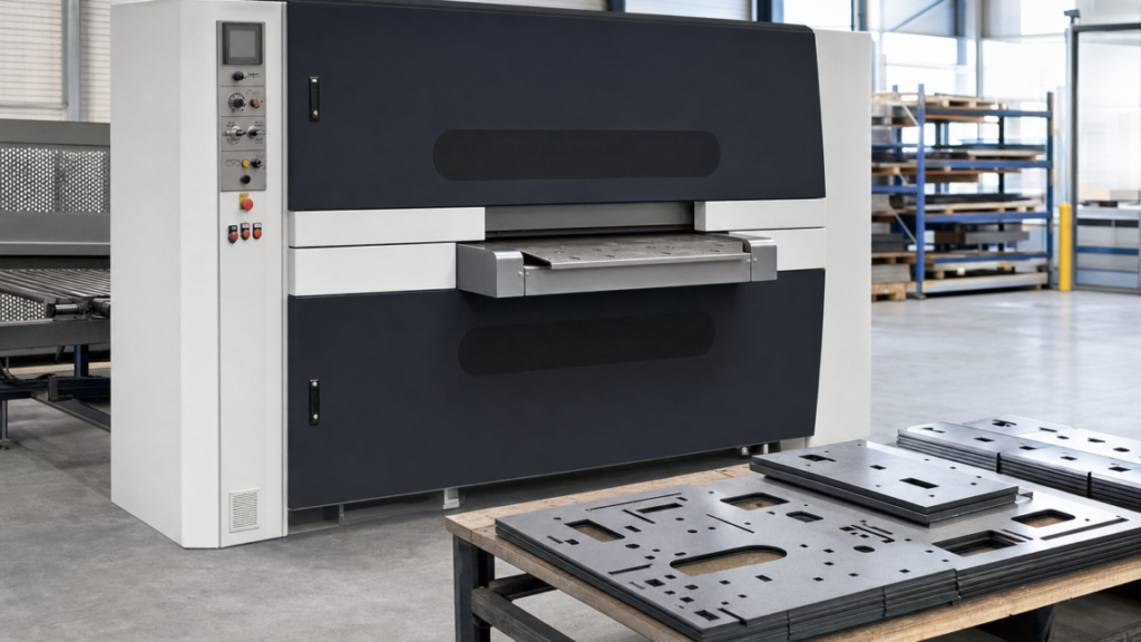 Two-sided steel-brushing and laser-oxide-removal machine performing LISSMAC SBM-M B2-style brushing of flat laser-cut steel in a metal fabrication shop