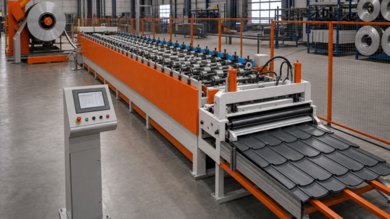 Forming systems performing Fixed coil-fed roofing roll-forming line in a metal fabrication shop
