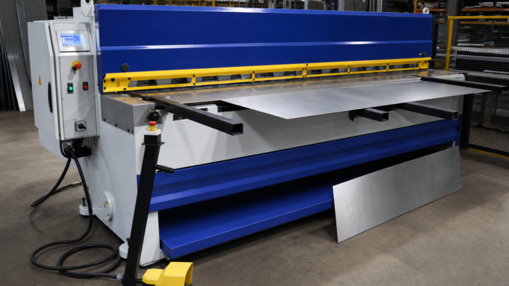 Shearing and plate work performing Mac-Shear MRGM 3060-04-style hydraulic guillotine shearing of flat sheet into straight blanks in a metal fabrication shop
