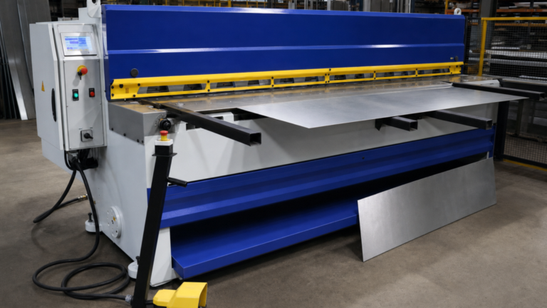 Shearing and plate work performing Mac-Shear MRGM 3060-04-style hydraulic guillotine shearing of flat sheet into straight blanks in a metal fabrication shop