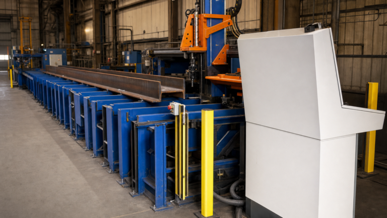 Structural flow performing structural beam processing in a metal fabrication shop