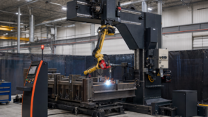 Modular robotic arc-welding systems for large assemblies performing AGT BLOK-family robotic arc welding of large steel assemblies in a metal fabrication shop