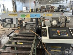 Hydmech S-20A horizontal band saw with roller conveyor and operator control panel