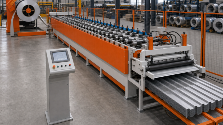 Forming-line flow performing Multi-profile roofing panel roll forming in a metal fabrication shop