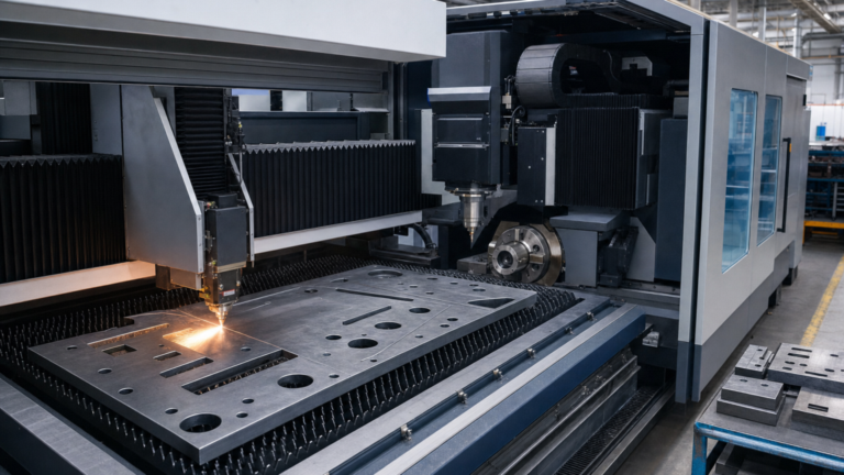 Integrated fiber laser-machining combination machine performing machine maintenance or service in a metal fabrication shop