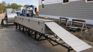 Portable metal-siding rollformer performing Portable coil-fed rollforming of metal siding panels in a metal fabrication shop