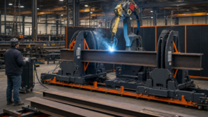 Robotic welding systems performing Robotic arc welding of structural steel beams and heavy assemblies in a metal fabrication shop